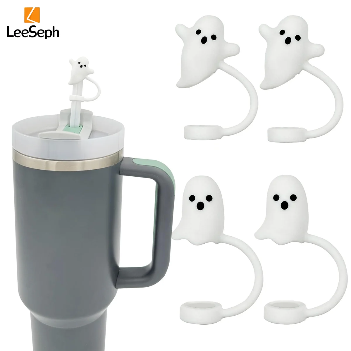 Leeseph Halloween Ghost Straw Covers Cap, Silicone Reusable DustProof Drinking Straw Topper, Cup Accessories for Stanley Cup