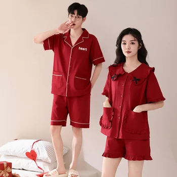 커플 잠옷 세트, 니트 코튼 짧은 상의 및 짧은 바지, 턴다운 칼라 잠옷, 남녀 