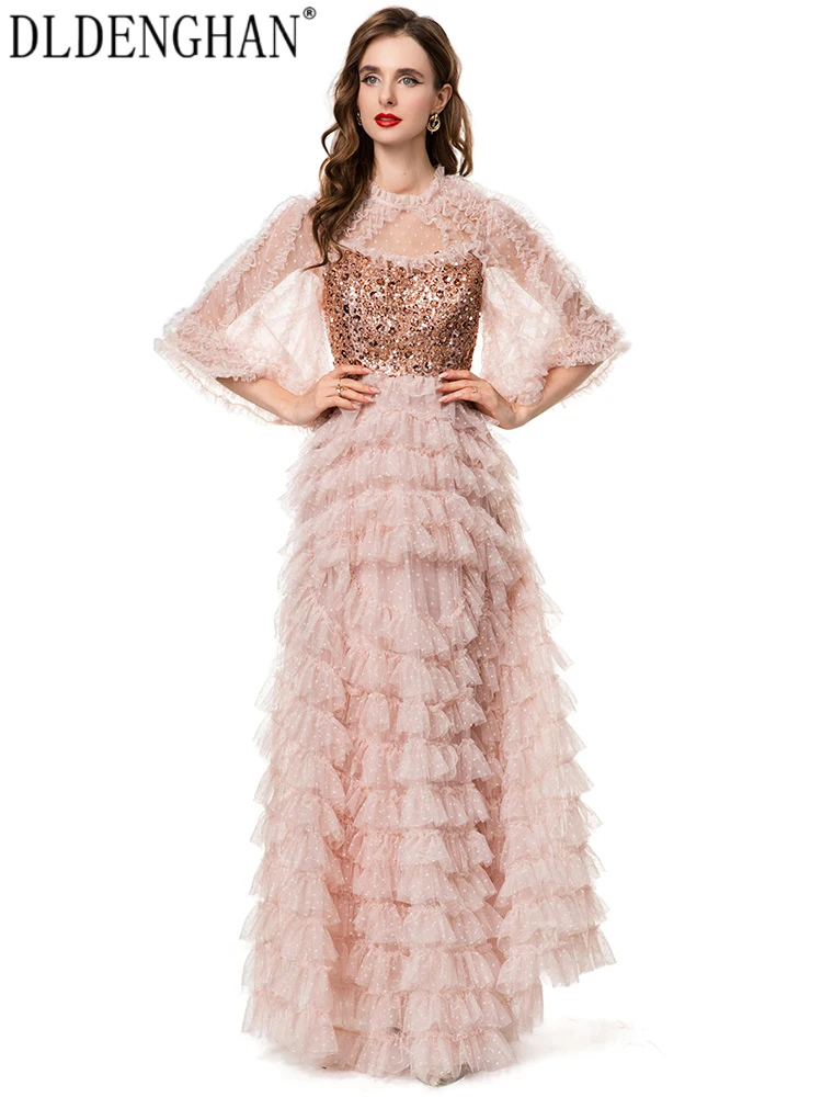 Dldenghan lantejoulas dot malha maxi vestido para mulher o pescoço mangas alargadas em camadas babados festa do vintage bolo vestido de verão feminino
