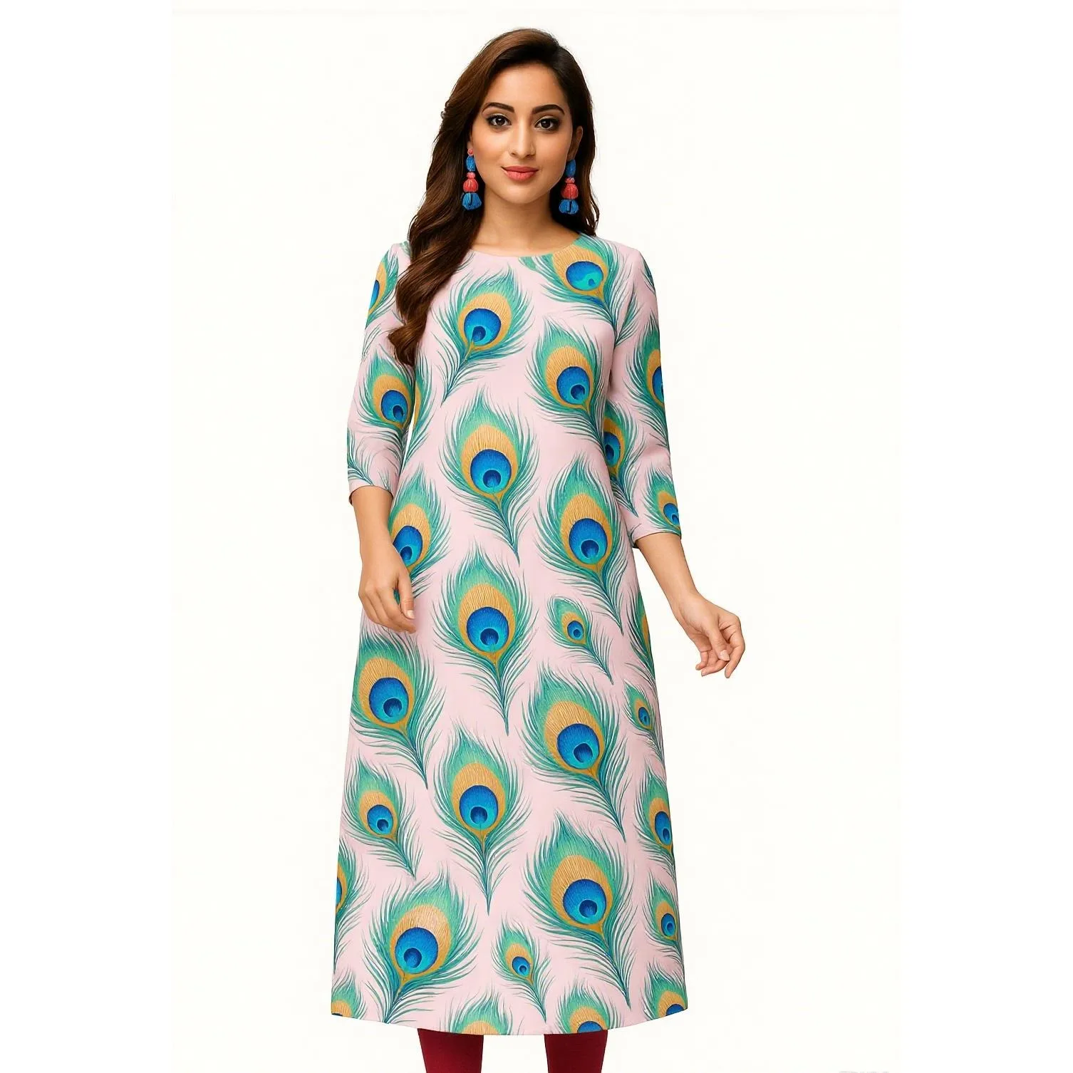 فستان Kurtta نسائي عصري مستقيم أنبوب غير رسمي بفتحة مشرقة وحاشية أنماط الطاووس رداء عربي تقليدي عربي مسلم #1