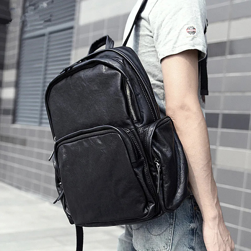 Casual de alta qualidade primeira camada de couro masculino feminino viagem preto mochila fim de semana ao ar livre designer luxo real couro bookbag