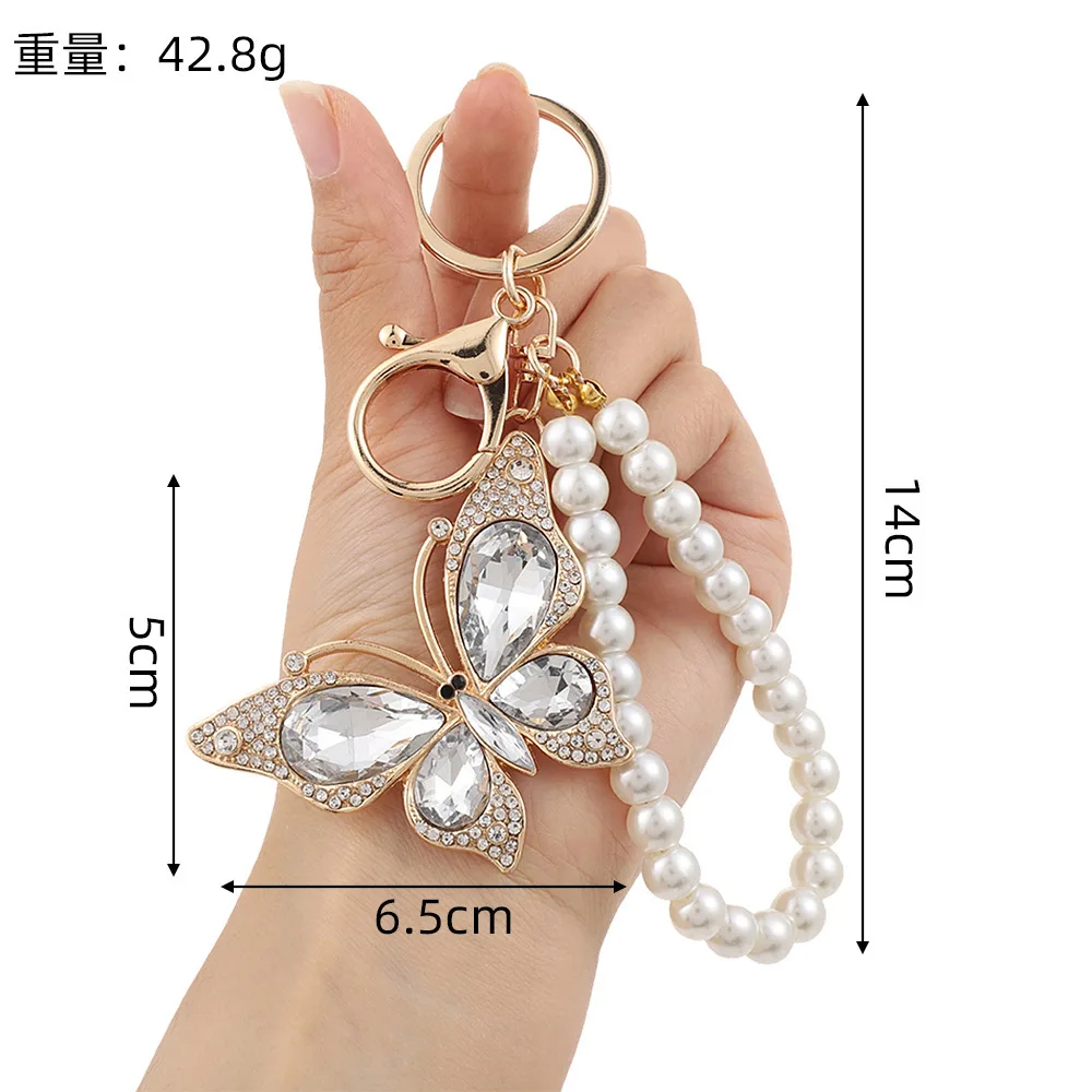 Bling Butterfly Keychain Glittering Diamond Alloy Key Chain For Women Girl Car Bag Accessories Fashion Key Ring With Pearl Chain