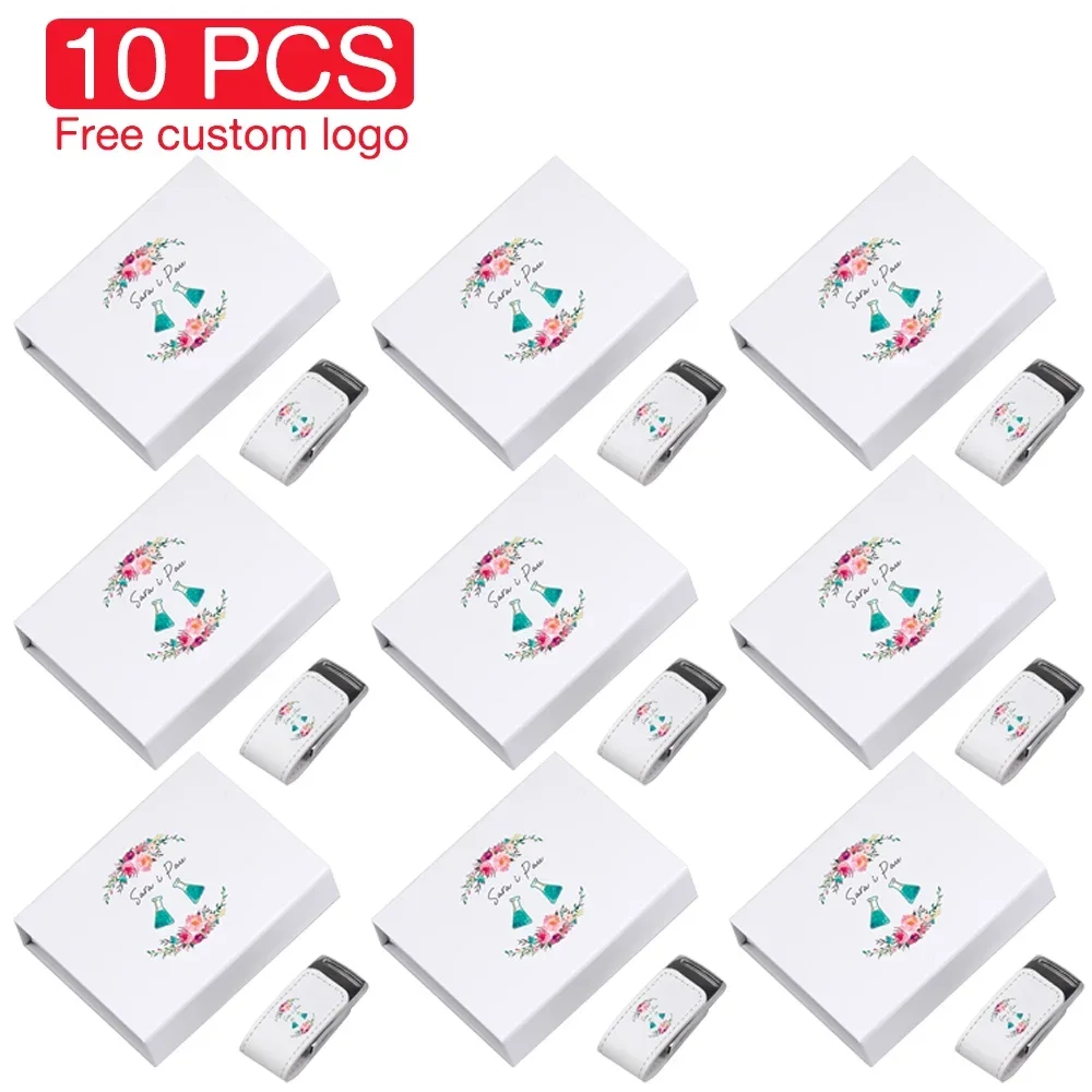 JASTER 10 PCS LOT USB Flash Drive Free Custom Logo Pen Drive Leather Memory Stick White Box Pendrive 128GB 64GB Color Printing