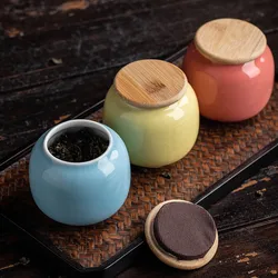 European Mini Small Bamboo Lid Ceramic Tea Candy Cookie Box Vintage Sealed Storage Jar Handicraft Ornaments Gift Home Decoration