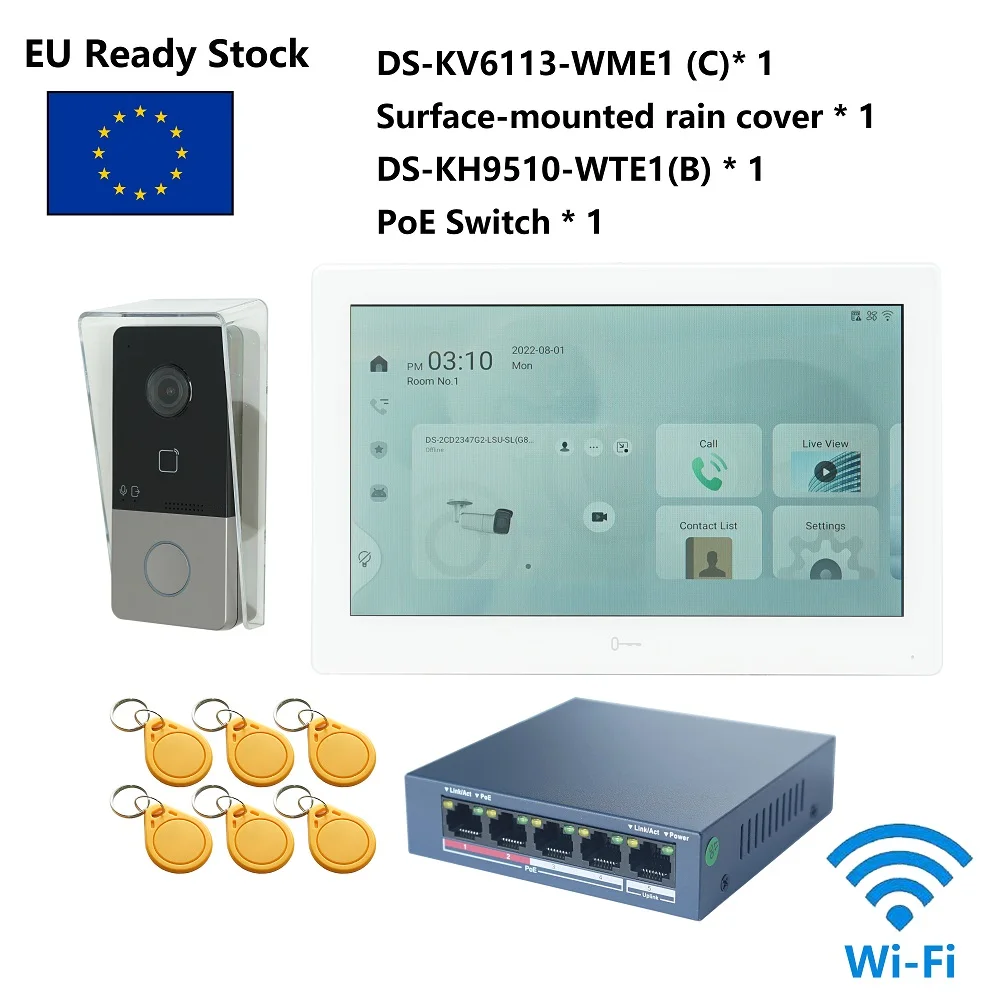 HIK Multi-language 802.3af POE Video intercom KIT,include DS-KV6113-WPE1(C) & DS-KH9510-WTE1(B) & PoE Switch