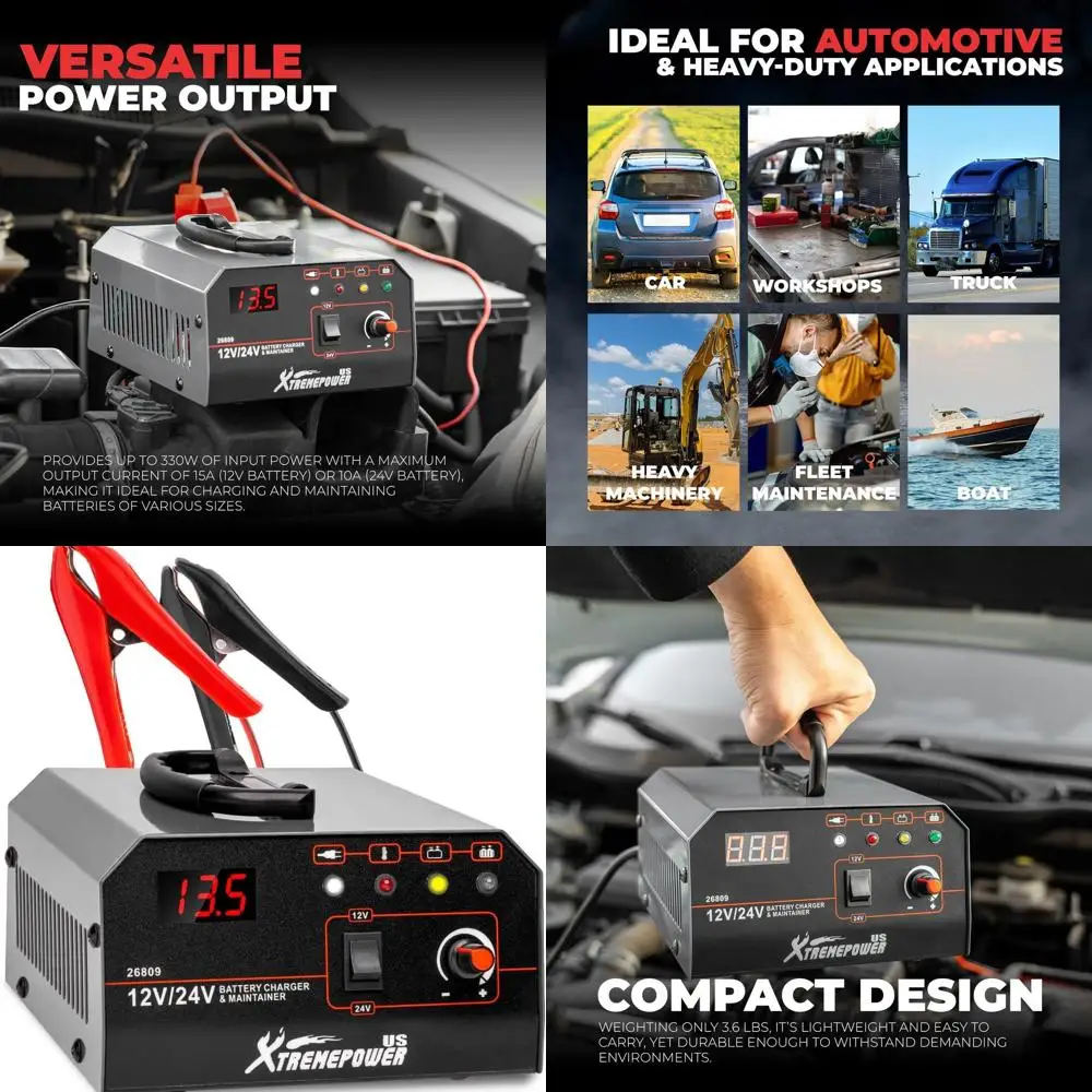 

XtremepowerUS 12V/24V 15 AMP Car & Motorcycle Battery Charger & Maintainer, Float Charger for Automotive, and ATVs, Truck, RV, P
