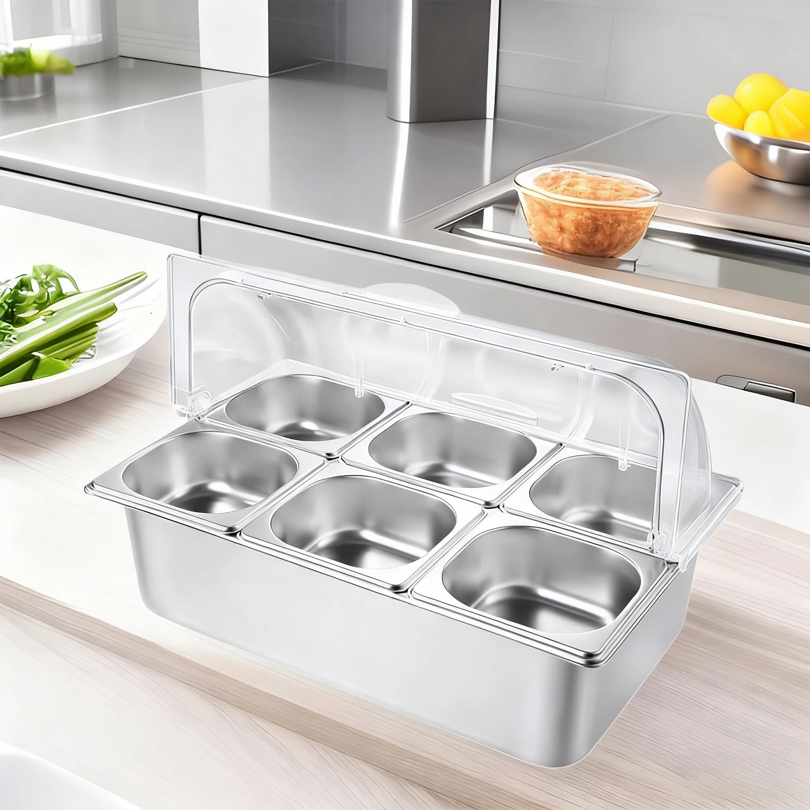 

6 Pan Buffet Condiment Dispenser Stainless Steel Condiment Serving Container with Clear Roll Top Cover for Kitchen Party