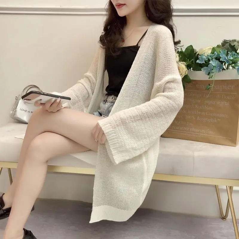 Long Causal Cardigan Sweaters Women Hollow Out Knitted Summer Knitwear Ladies V-Neck Girls Cardigans Long Sleeve Jumper Female