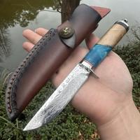 Outdoor camping straight knife Damascus VG10 mirror light blade resin stabilized wooden handle+cowhide knife cover