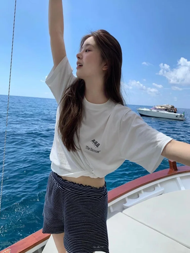 Summer Casual Loose round Neck Short Sleeve T-Shirt Hand-Drawn Print White Korean Style Commute Fashion Women's Top