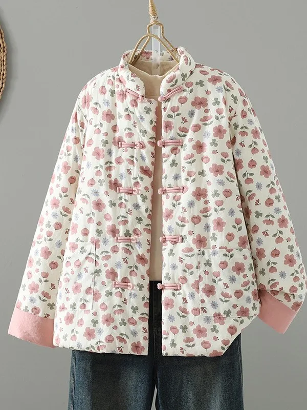 Thiened Floral Cotton Jaet Women's Loose Outerwear Retro Buttoned Autumn Winter New Sle Warm Cotton Coat Long Sve