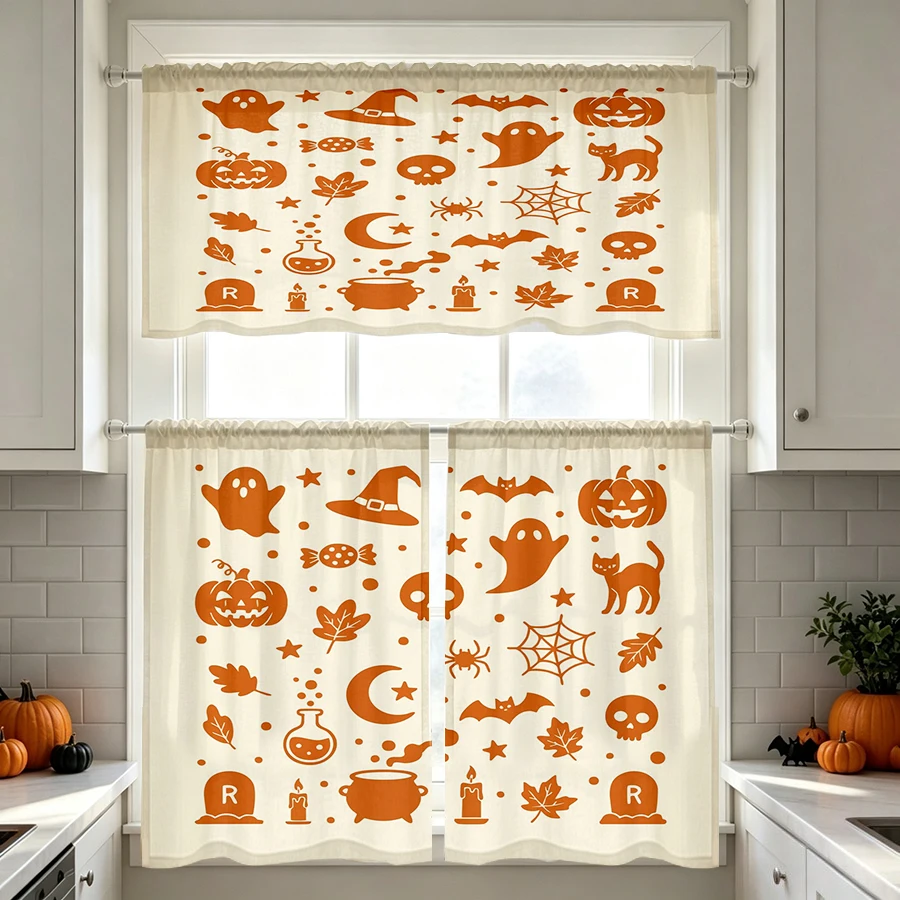 Halloween Fall Kitchen Curtains, Orange Ghost Bat, Digital Print, Kitchen Dining Room, Rod Pocket Polyester, Home Decor