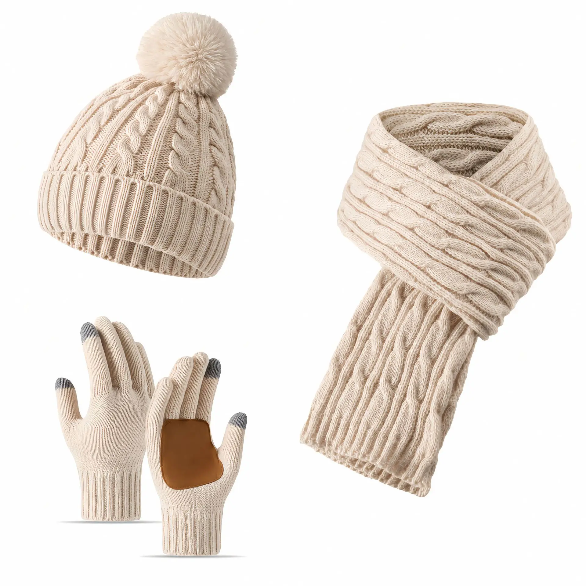 3Pcs Women Winter Knit Set Warm Beanie Hat Long Scarf Touchscreen Gloves Soft Thermal Outdoor Cold Weather Accessories