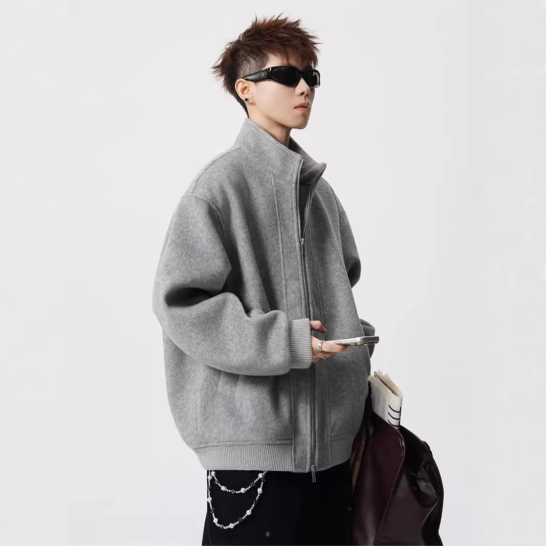 Heavyweight Gray Stand-Up Collar Woolen Jacket For Women And Men, New Winter Model, High-End, Thickened, Warm, Double-Zipper