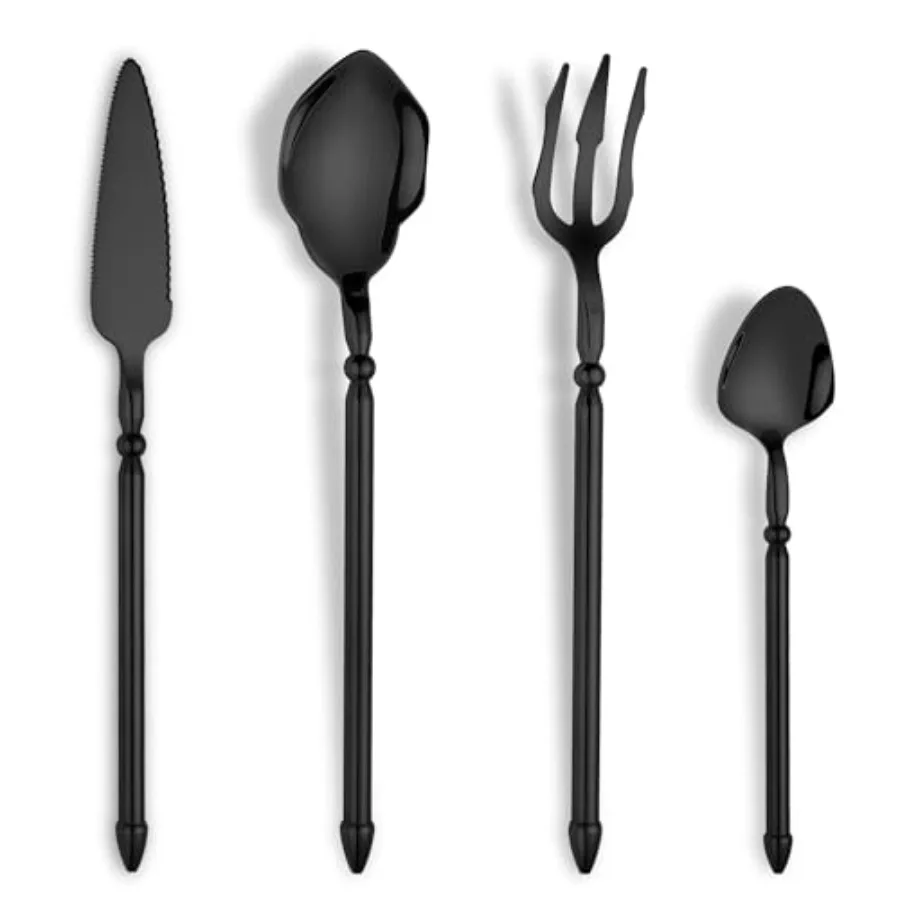 

Black Unique 16-Piece Stainless Steel Cutlery Set for 4 Craft Flatware with Double-edged Knife Mirror Polished Dishwasher Safe