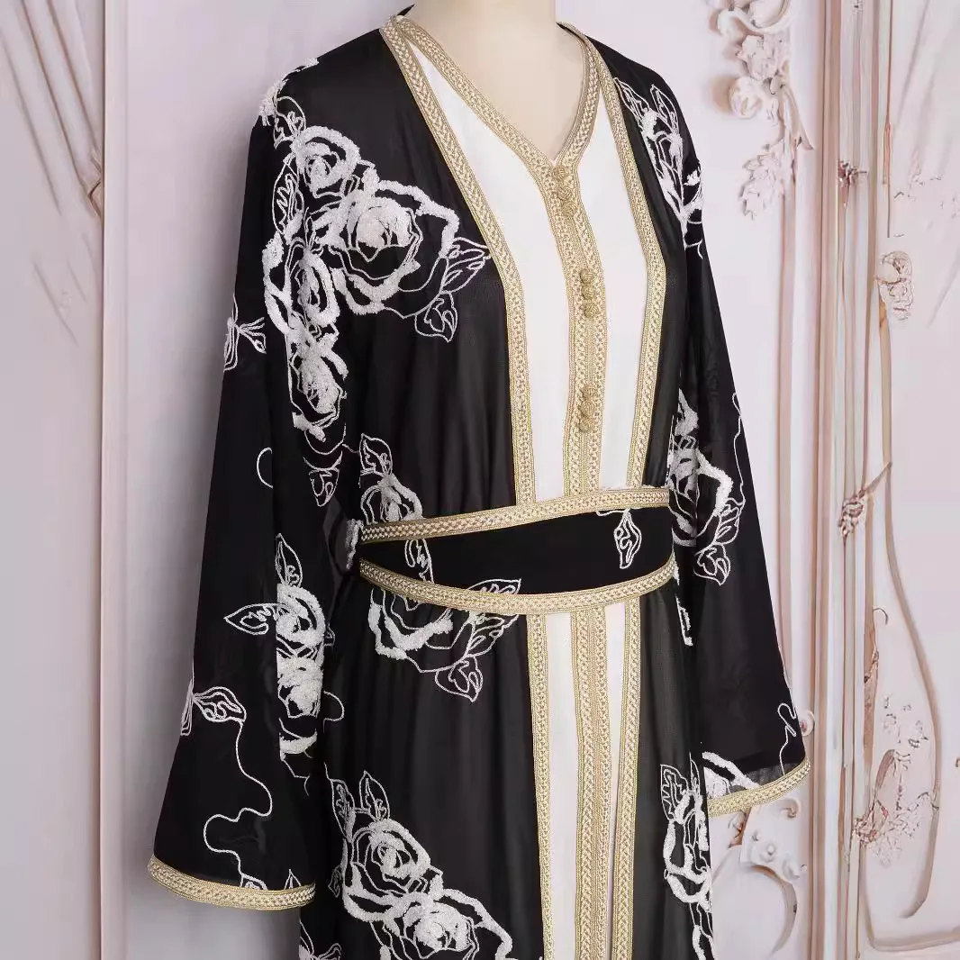 Lace-up Evening Dress for Women Muslim Sets Elegance Arabia Dubai Abayas Women Embroidered Two-piece Set Caftan Kaftan Long Robe