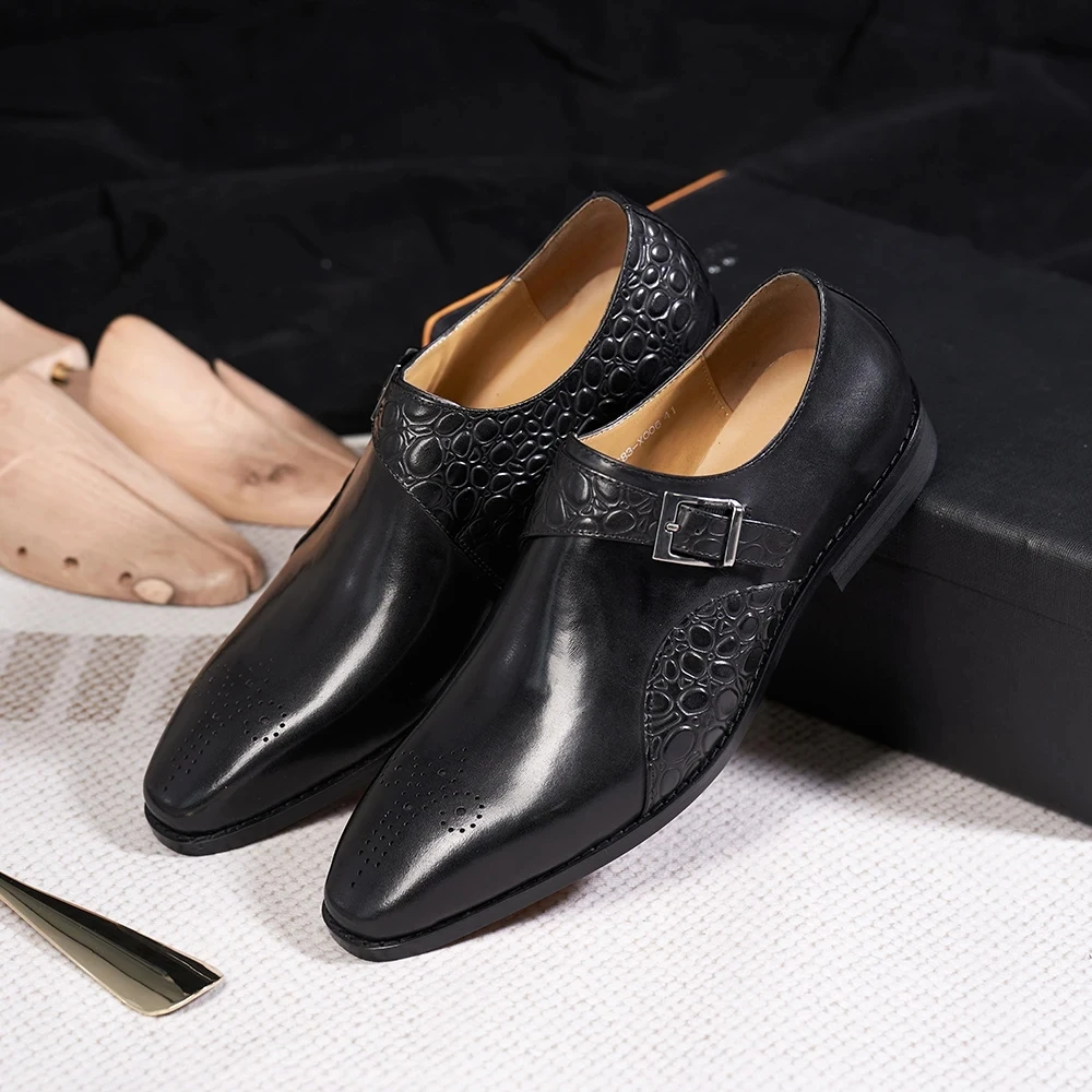

Men's genuine leather single monk strap shoes; nice embossing; carved design for formal business and wedding use