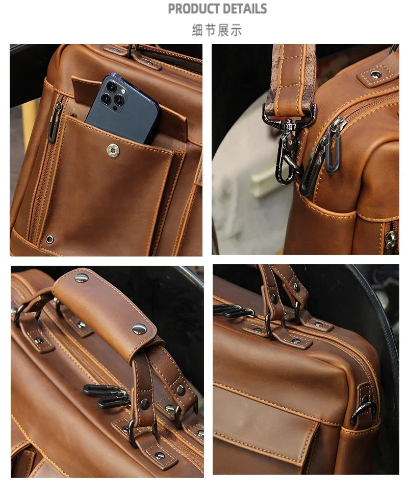 2024 Brown Men Vintage Handbag Business Documents Briefcase Portfolio Laptop Bag Shoulder Messenger Bag Office Handbag