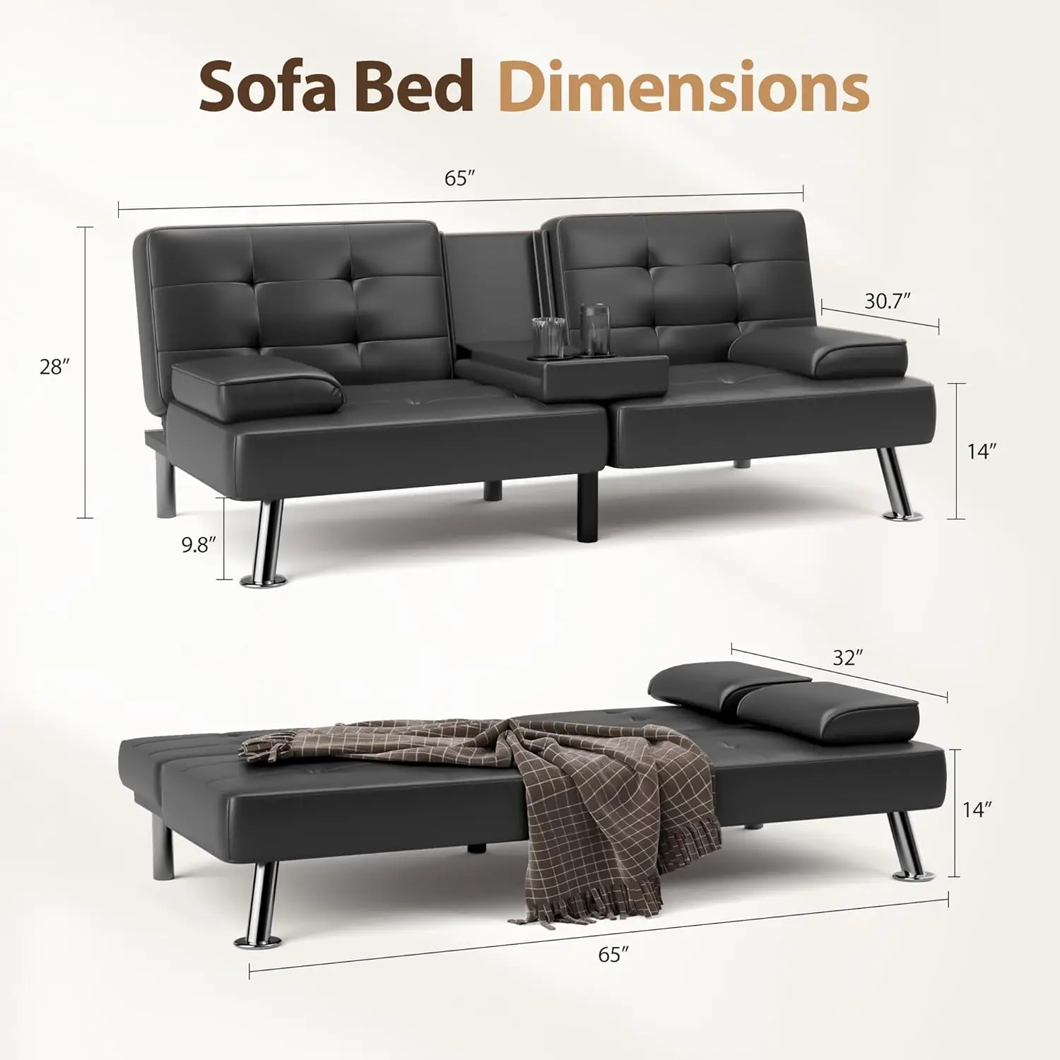 รถพับ Futon โซฟาเตียง Sleeper โซฟาสําหรับห้องนั่งเล่น Faux หนังหุ้มเบาะ Loveseat w/ที่ถอดออกได้แขน, โลหะ L