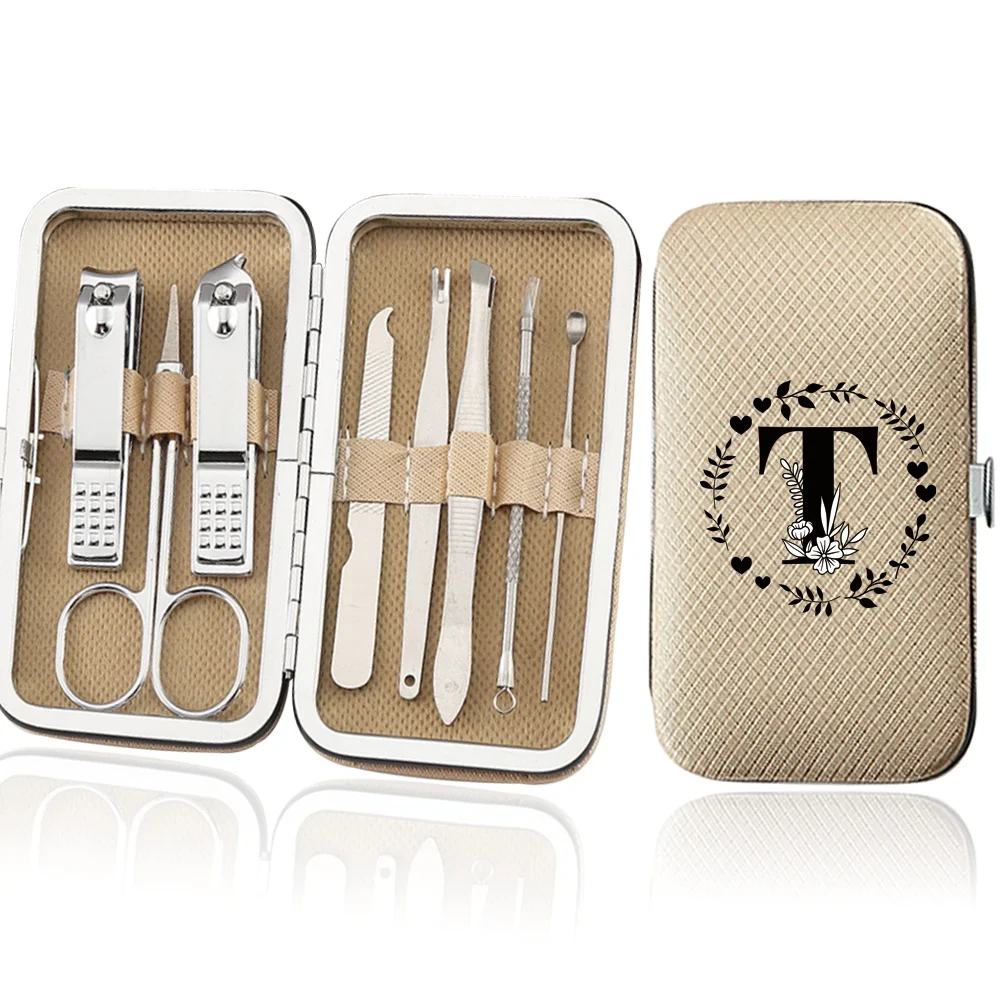 Set di Manicure in acciaio inossidabile da 8 pezzi Kit tagliaunghie professionale strumenti per Pedicure custodia per rifinitore portatile per la casa modello di lettera ghirlanda