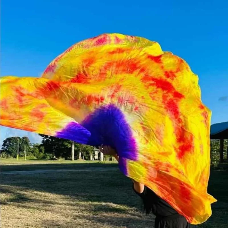 

1Pair Professional Silk Veils Isis Wings Oriental Dance Performance Props Half Circle Round Flag With Stick Tie Dye Design