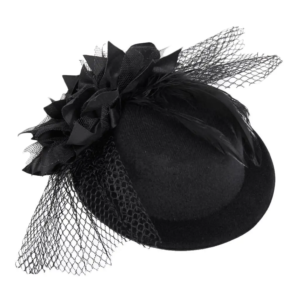 กิ๊บติดผมประดับดอกไม้สําหรับสุภาพสตรี Feather Burlesque Punk Mini Top Hat-สีดํา