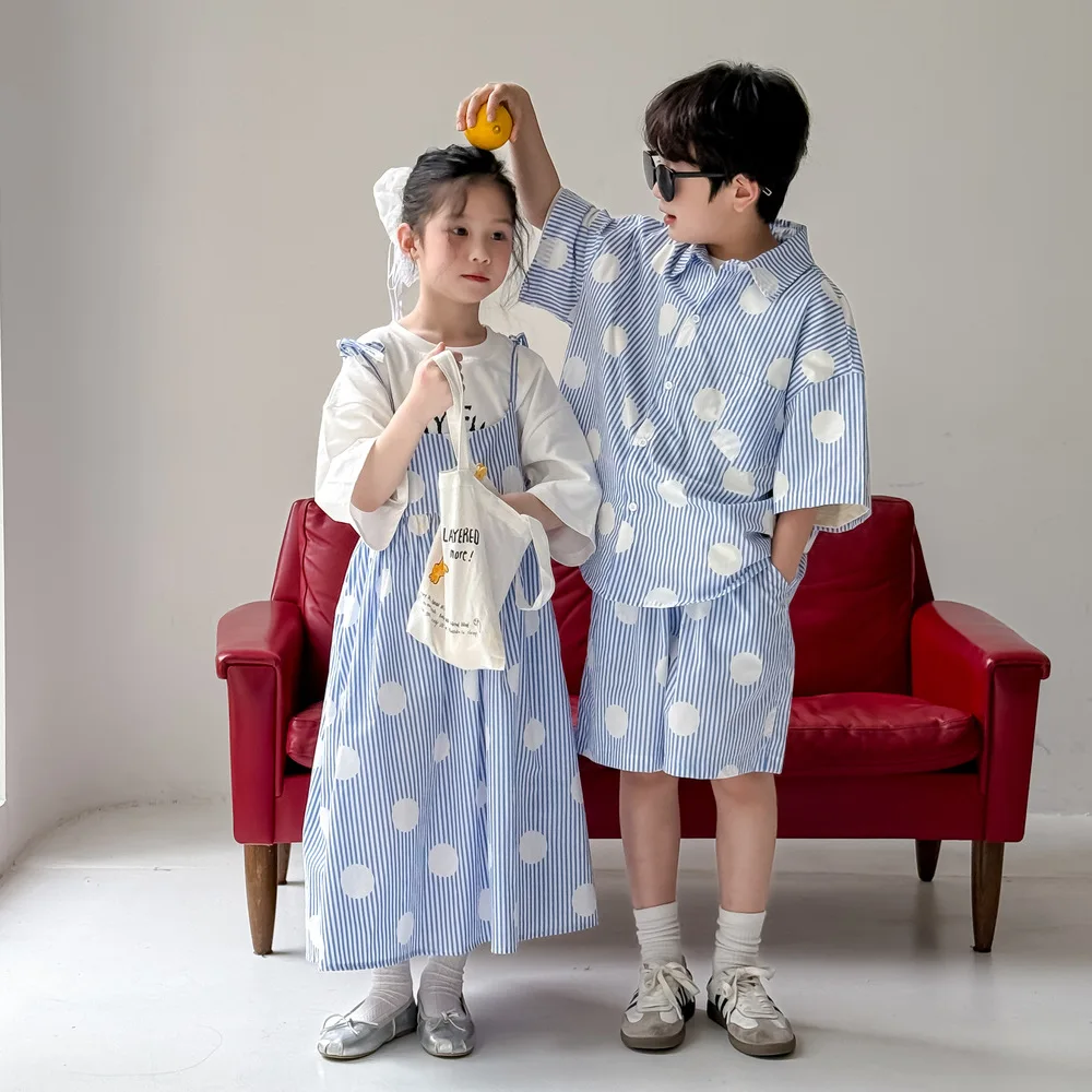 Summer Brother And Sister Clothes Korean Girls Vertical Dress Or Kids Boys Dot Shirts Shorts 2Pcs Set Children Sibling Outfits
