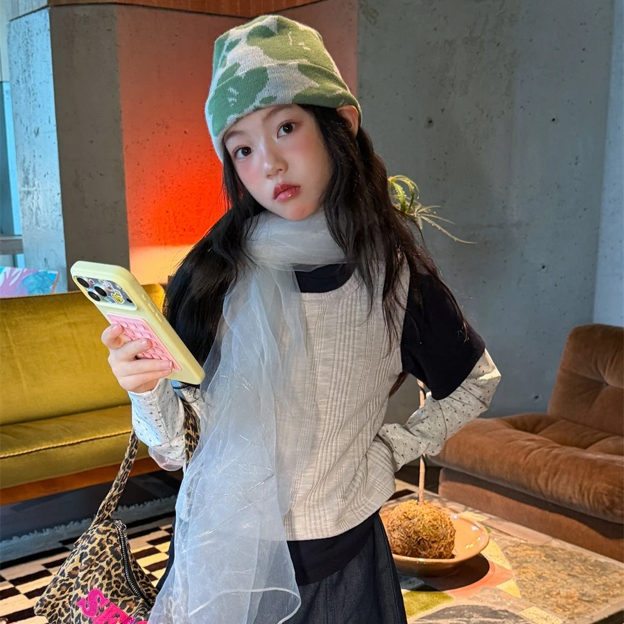 Girls Suit 2026 Spring and Autumn New Childrens Wear Korean Girl Baby Fashion Multi-color Stitching Layered Three-piece Set