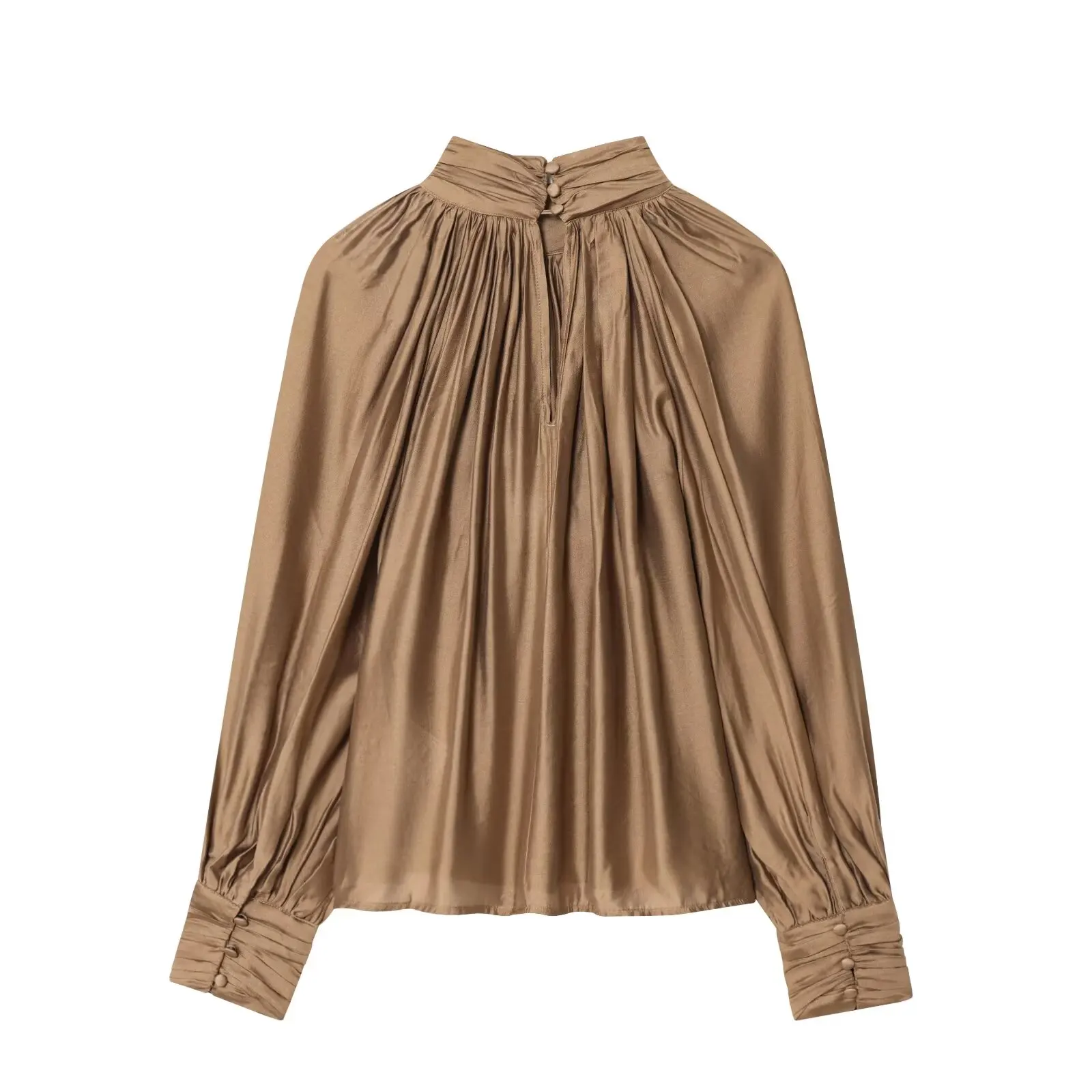 BSAY 2026 Französische Minimalistische Damen-Satinbluse mit Stehkragen, gerafftem Design, Laternenärmeln, lockerem Schnitt, glänzend, elegant, für Bürokleidung, Oberteil – Detail 4
