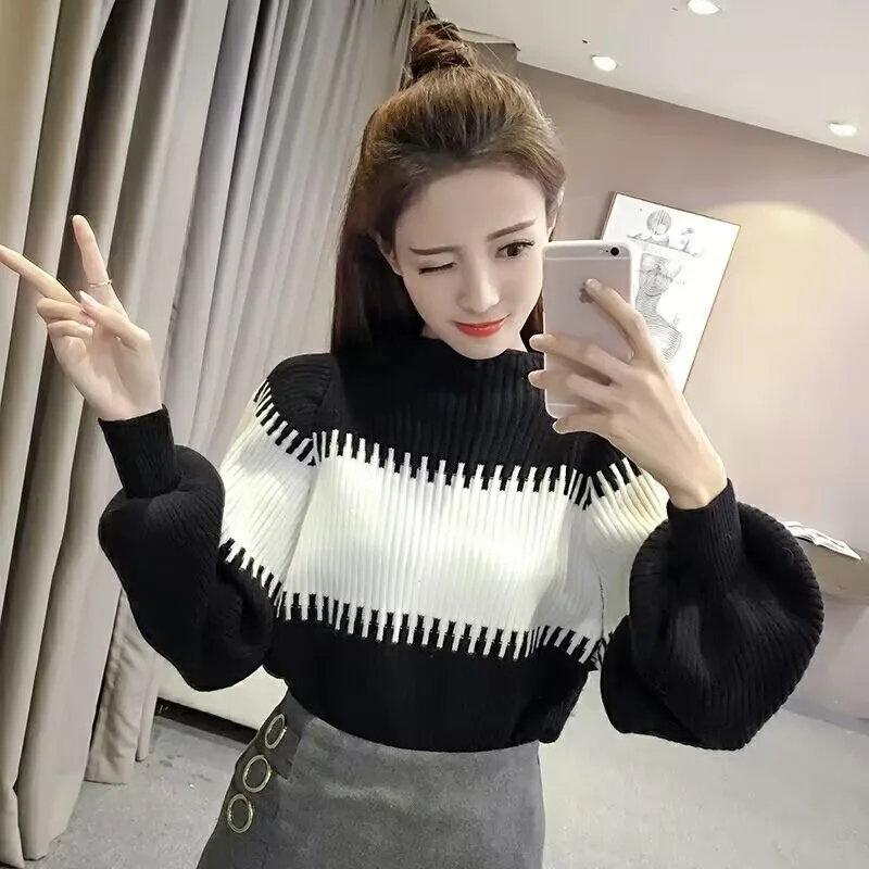 

Women Color Block Knitted Sweater 2025 Spring Autumn Elasticity Turtleneck Sweater Student Korean-style Lantern Sleeve Sweater