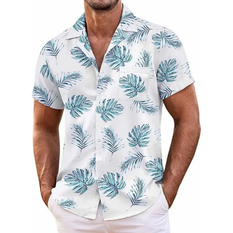 Simple and Fresh Tropical Green Plant Printed Short Sleeved Shirt for Both Men and Women Commuting Casual Flower Shirt