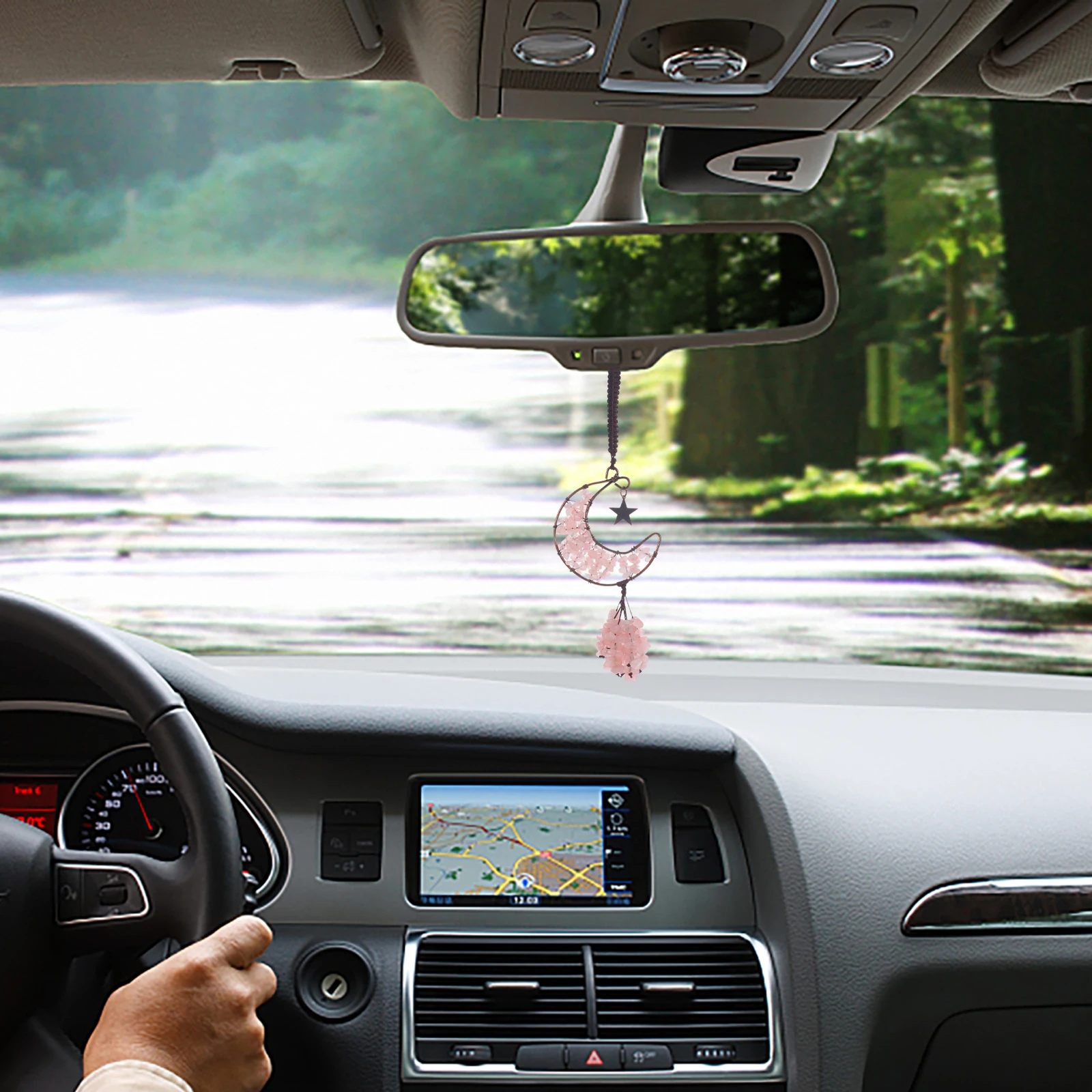 

Natural Moon Crystal Hanging Ornament Delicate Tassel Rearview Mirror Decoration For Car Auto Vehicle Women Fashionable