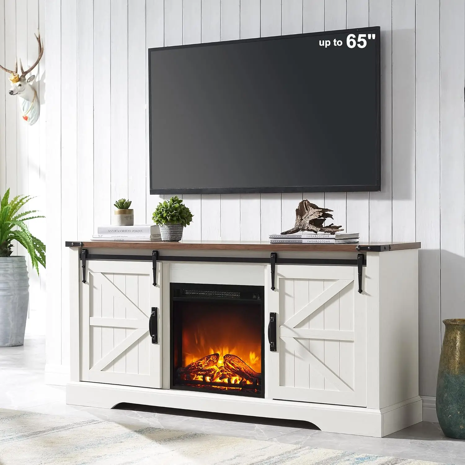 

Farmhouse Electric TV Stand for 65+ Inch TV, Rustic Entertainment Center with 18" Fireplace, Sliding Barn Door