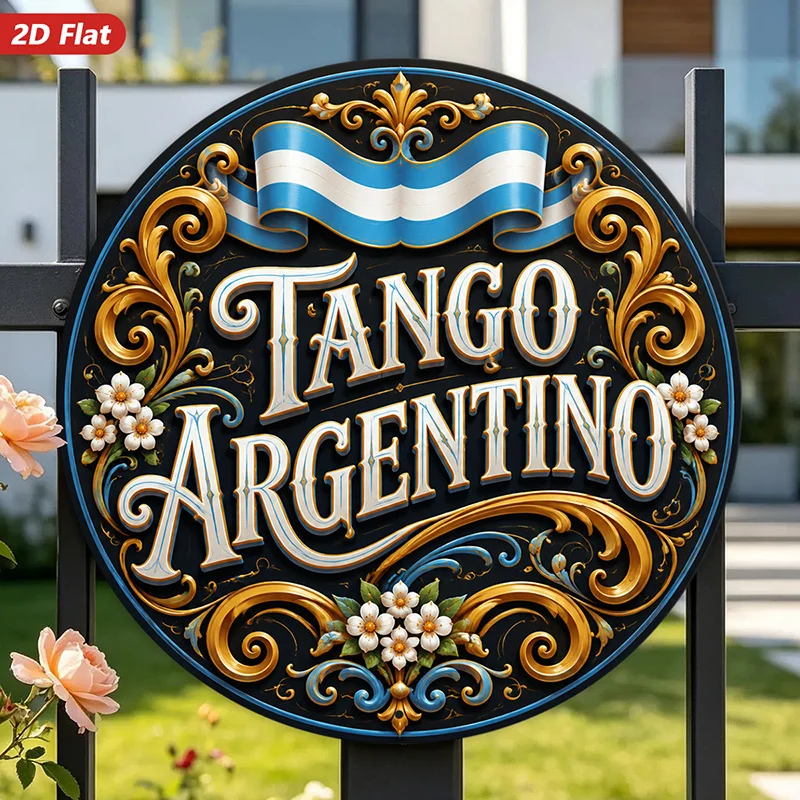 2D Flat, 1pc Tango Argentina Round Metal Sign Wall Art, Blue And White Ribbon, Ornate Golden Flourishes, Suitable for Studio Din