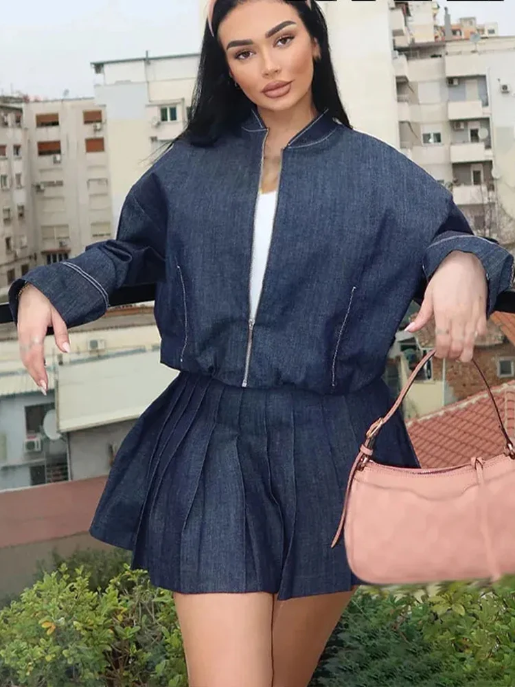 HH 2025 Women's Fashion Denim Jacket Casual Jacket Set Summer High Waist Pleated Mini Skirt 2-Piece Set Women's Streetwear