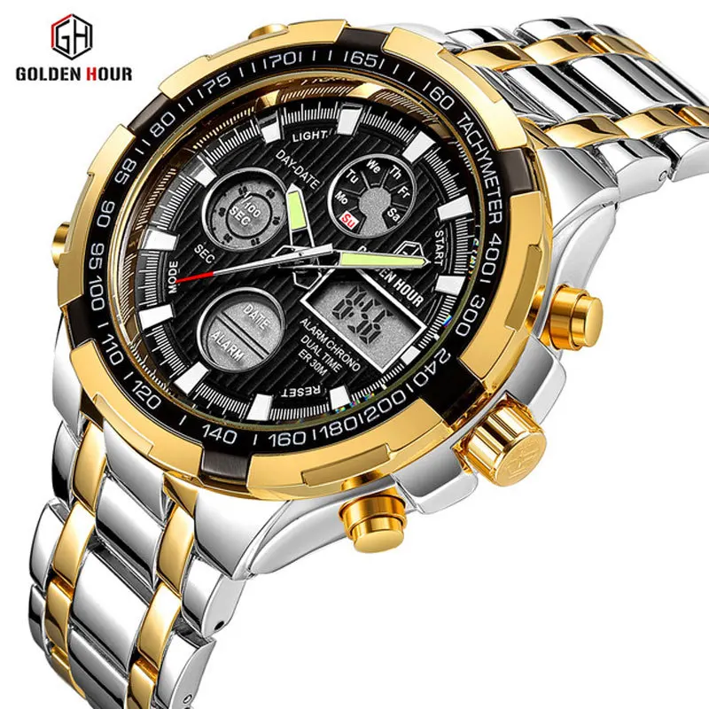 GOLDEN HOUR Top Brand Luxury Men Watches Business Casual Quartz Dual Display Luminous Watch With Chronoraph Date Wristwatch