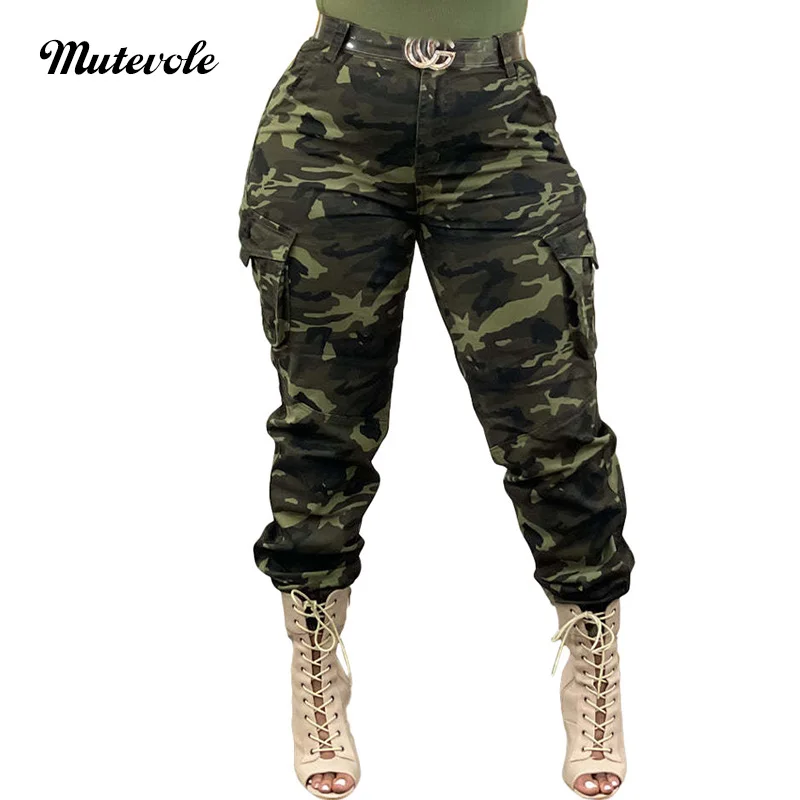 Calça feminina Mutevole Camuflagem Cargo, Calça Slim Fit, Calça Lápis Verde, Calças Jogger de Bolso de Botão