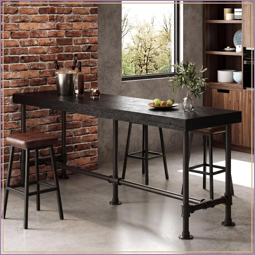 70.9-Inch Solid Wood Bar Table for 6-8, Narrow Industrial Pub Table, Black
