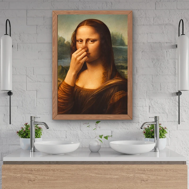 1pc frameless Canvas Painting Mona Lisa Covering Her Nose Poster Wall Art Poster Toilet Humor Funny Vintage Bad Smell Canvas Pai