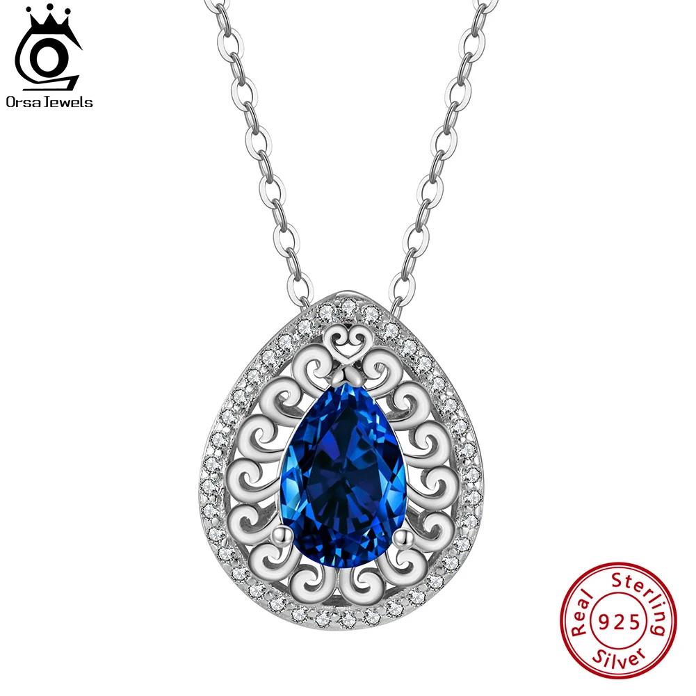 

ORSA JEWELS Fashion Created Sapphire Gemstone Diamond Pendant 925 Sterling Silver 5A Clear CZ Necklace Jewelry for Women LZN03