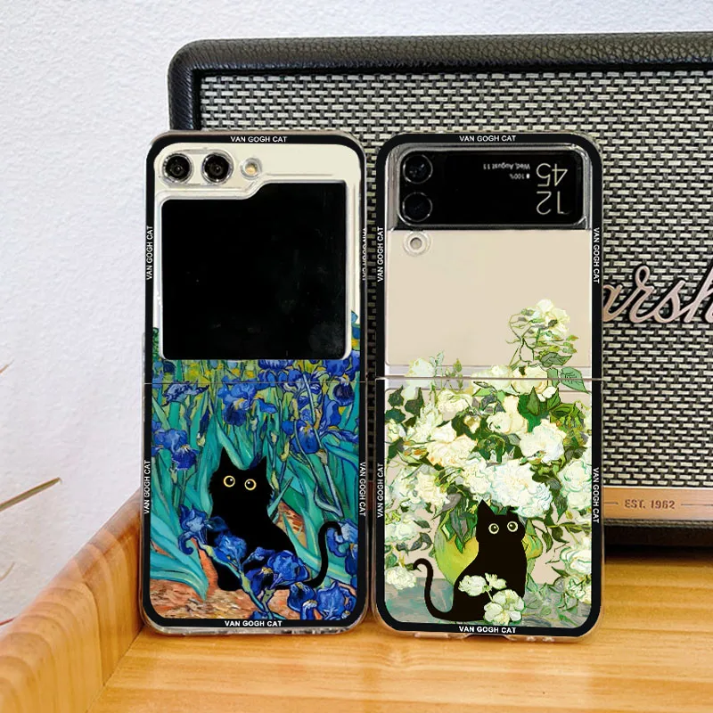Phone Case For Samsung Galaxy Z Flip 6 5 4 3 Aesthetic Art The Black Cat Van Gogh Folding Hard PC Cover for Zflip 3 Clear Fundas