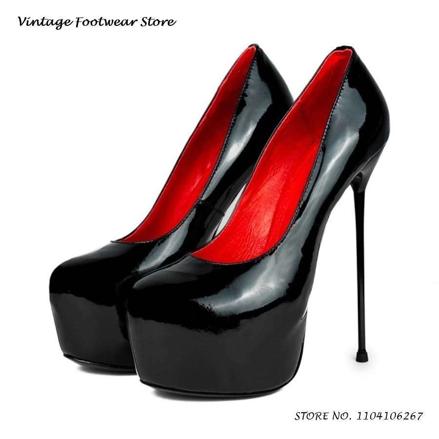 

Sexy Patent Leather Platform Pumps Round Toe Thin High Heels Plus Size Shoes Women's Spring Autumn Pull On Shallow Stilettos