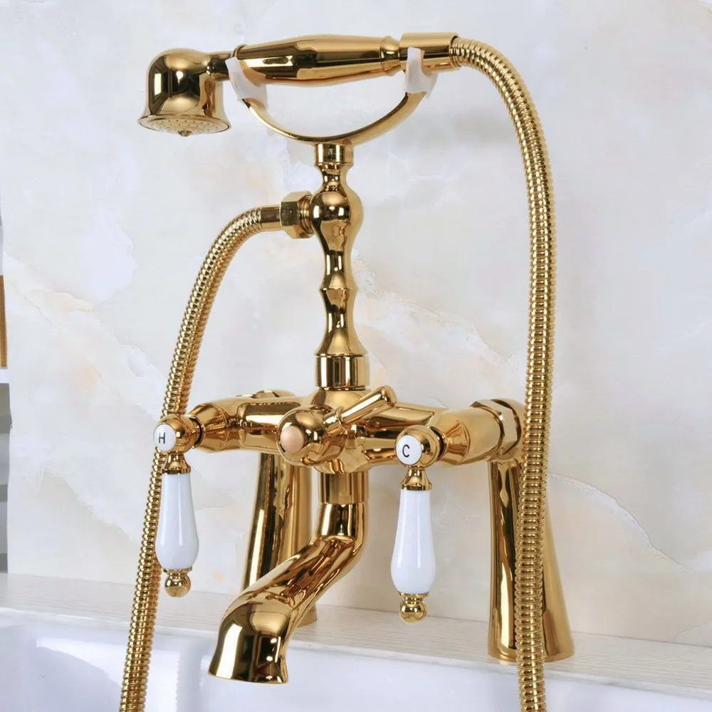 

Luxury Gold Color Brass Telephone Style Deck Mount Clawfoot Tub Faucet w/ Handheld Shower Bath Tub Mixer Tap Lna141