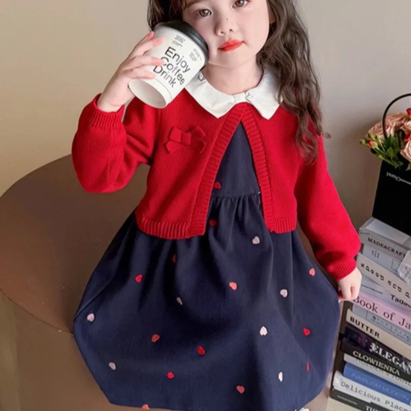 

Новое вязаное платье-кардиган в корейском стиле для девочек, весенне-осеннее детское платье принцессы Love, детский комплект