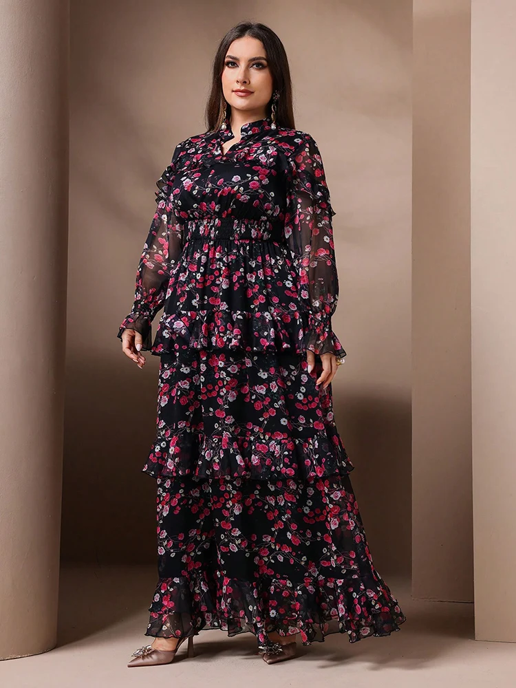 TOLEEN-Robe élégante à manches évasées en maille à imprimé floral pour femmes, robes longues décontractées à col en V, printemps, été, grande taille, nouveau 2024