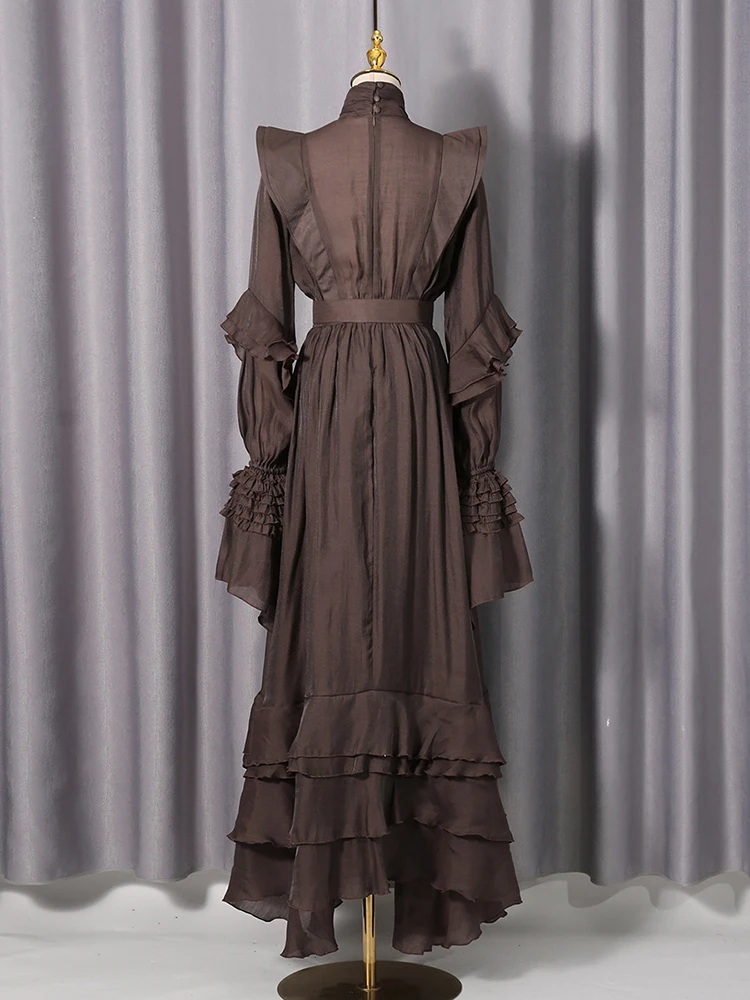 섹시한 하이 칼라 긴 소매 계단식 러플 컷아웃 롱 드레스 벨트 포함 여성용 브라운 나비 소매 A라인 드레스 이브닝 드레스