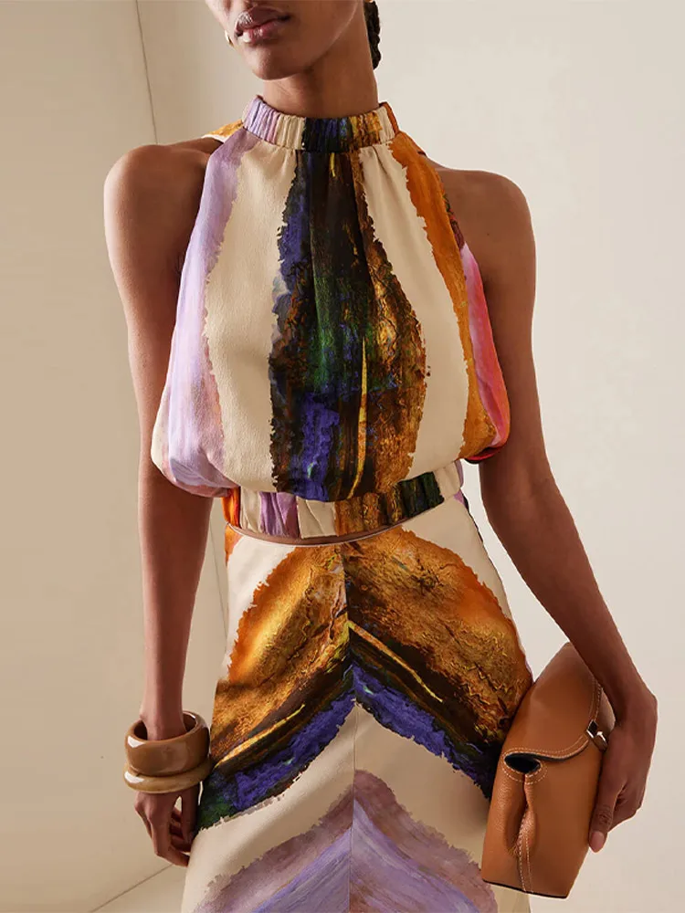 Conjunto de capa de satén con estampado pintor para mujer, Top corto sin mangas con cuello alto, falda larga ajustada, traje de noche elegante para fiesta