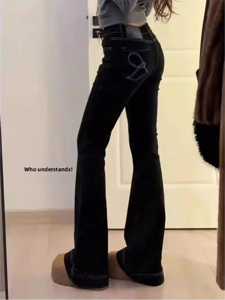 

High Waist Bell Bot Embroidered Denim Jeans Women's Spring Large Size Elastic Slimming Hoof Pants Casual Sle