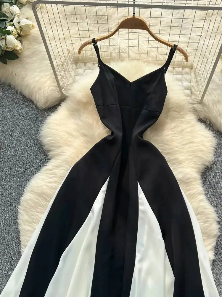 Abito da spiaggia vintage da donna a vita alta nero bianco a contrasto abiti lunghi eleganti da donna abiti lunghi Boho senza schienale slim