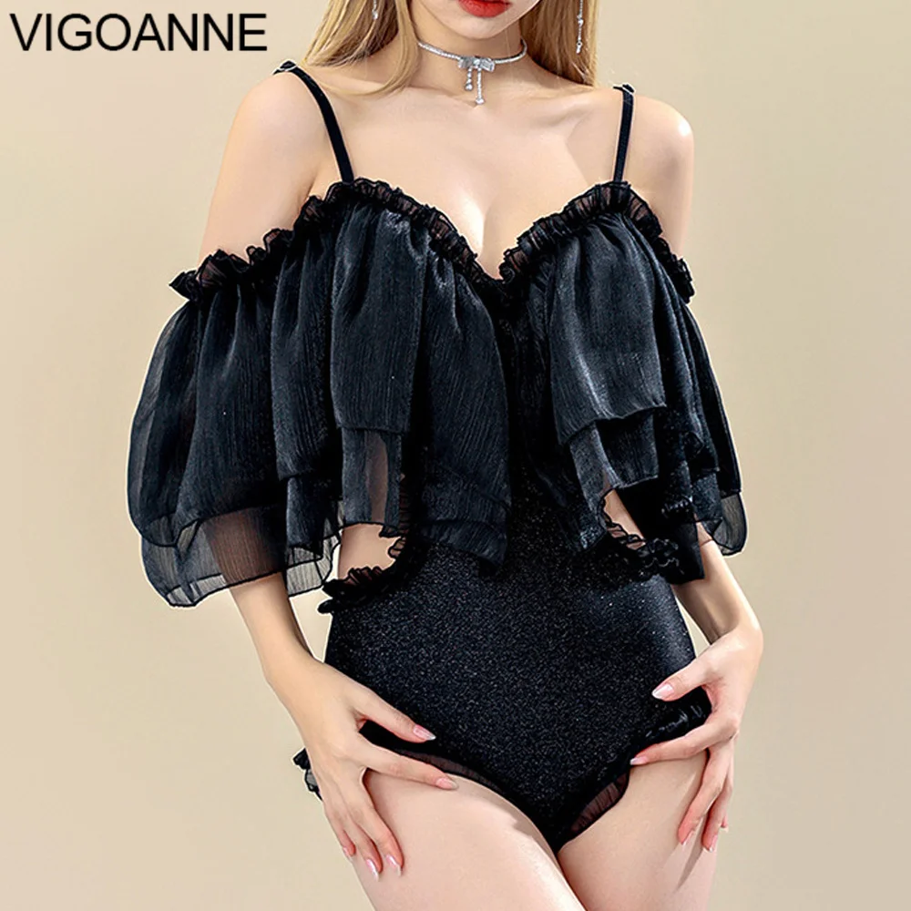 VigoAnne Solid Strapped Swimwear Women 2024 Sexy Mesh Verge One Piece Swimsuit Korean Closed Monokini Push UP Beach Bathing Suit